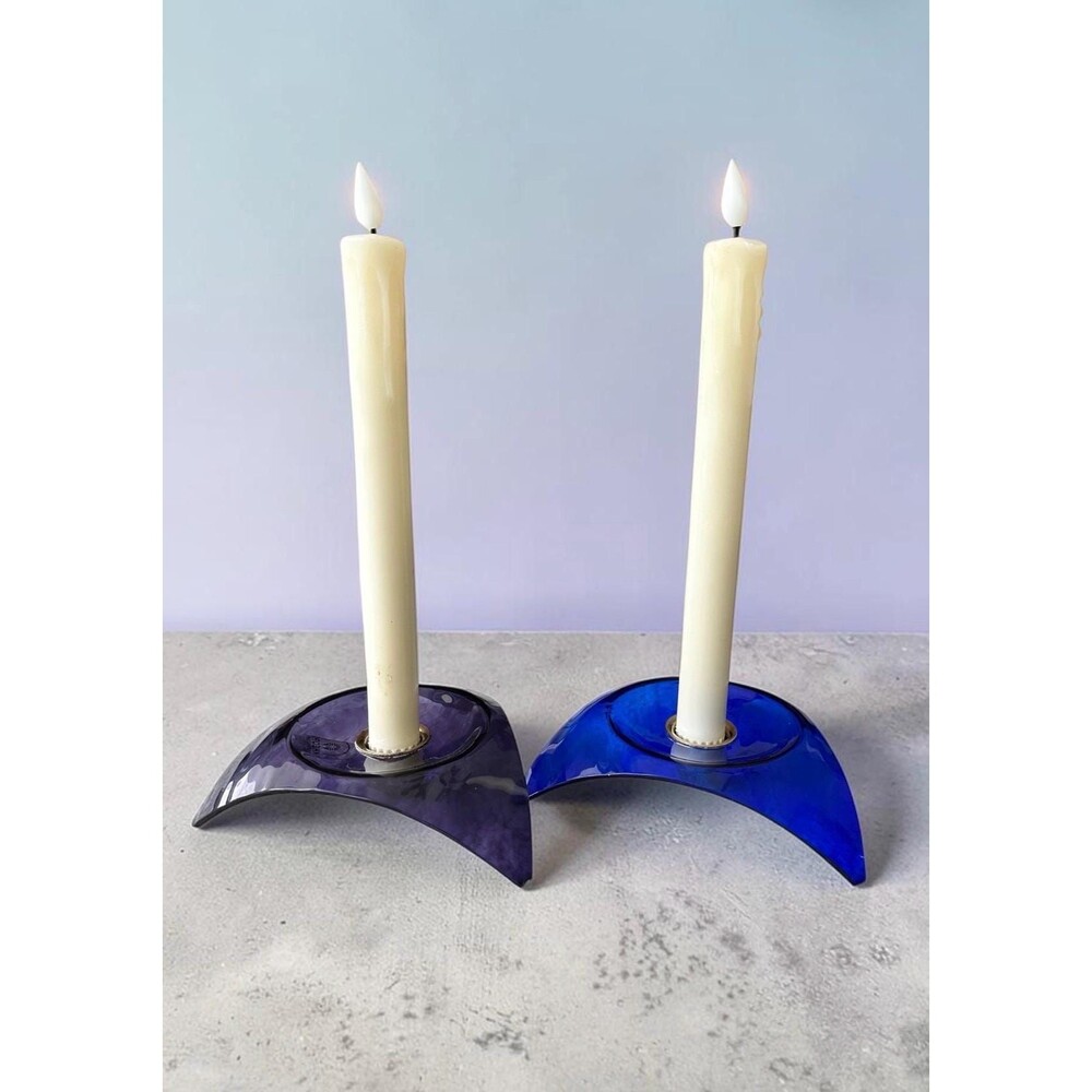 Vintage Kheops International Glass Candlestick Holders Pair Cobalt Blue Purple